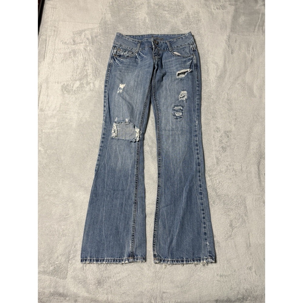 Amethyst Jeans Womens 3 Blue Bootcut Low Rise Medium Wash Distressed Style 27x30